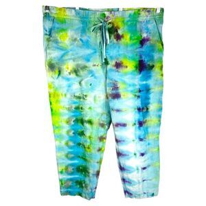 HM XL Pants Dreaming Blue Tie Dye Handmade Blue Green Linen Cropped Pockets 689‎